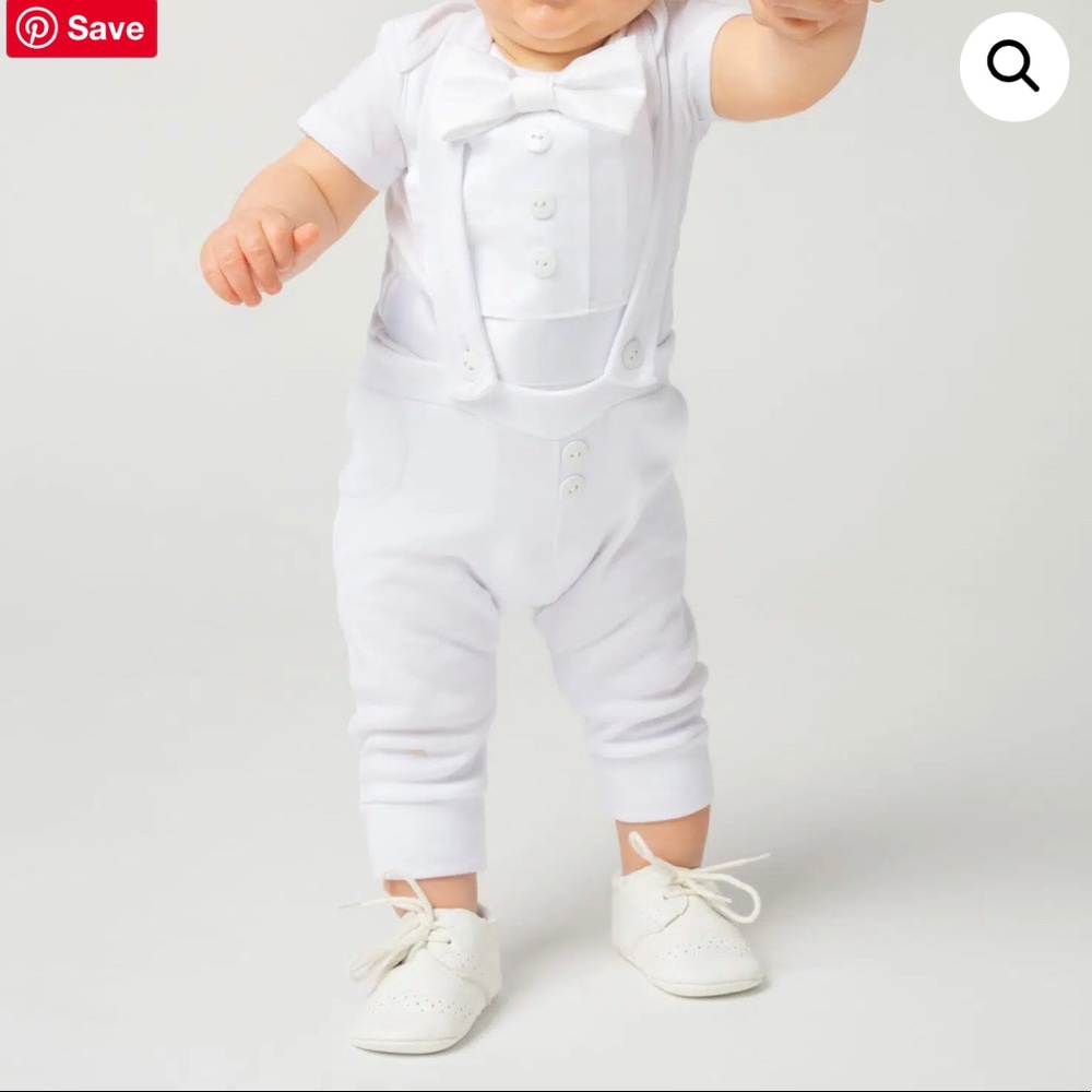 Baby boy white wedding tuxedo 3-6 months suspenders and onesie